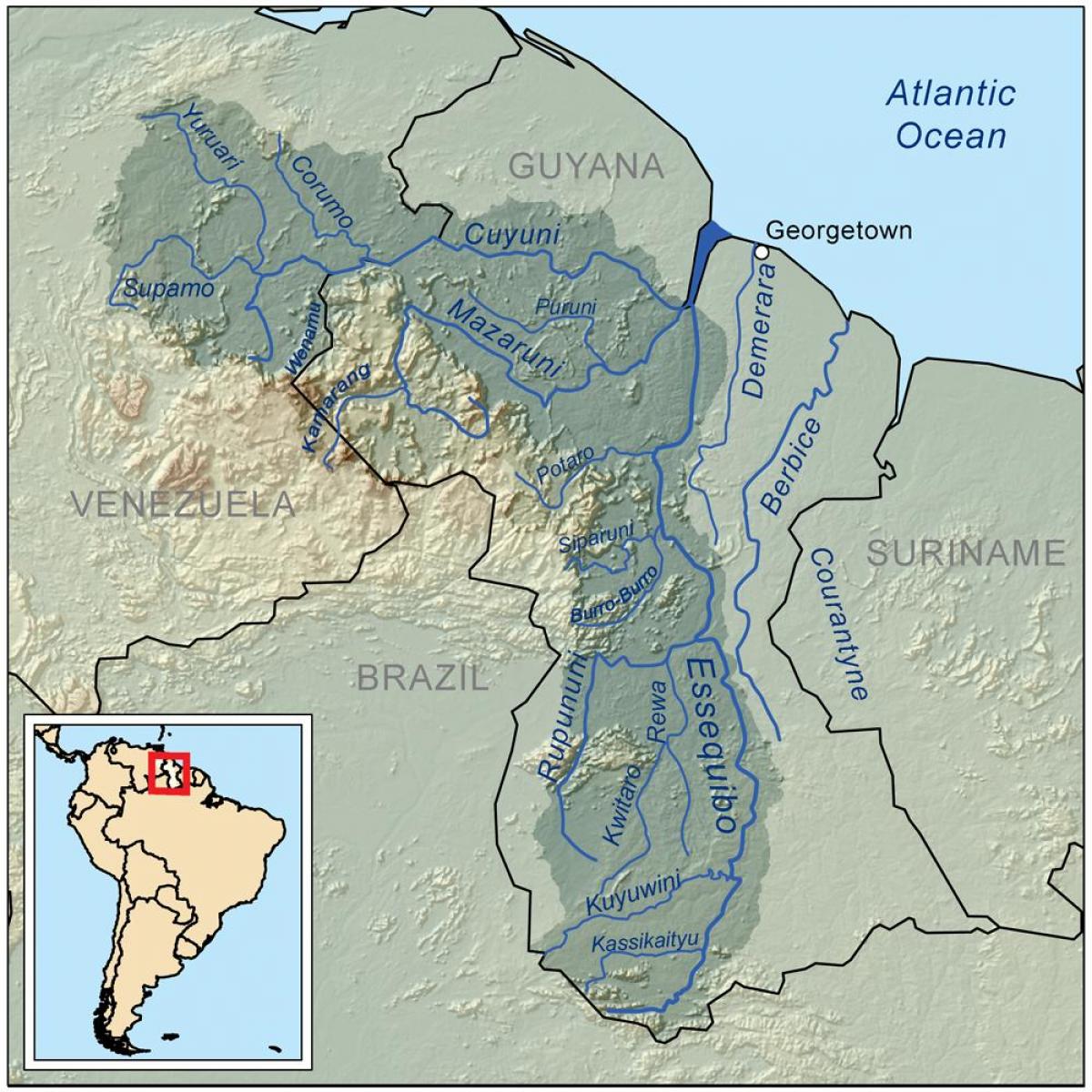 地图圭亚那表示的三个主要河流